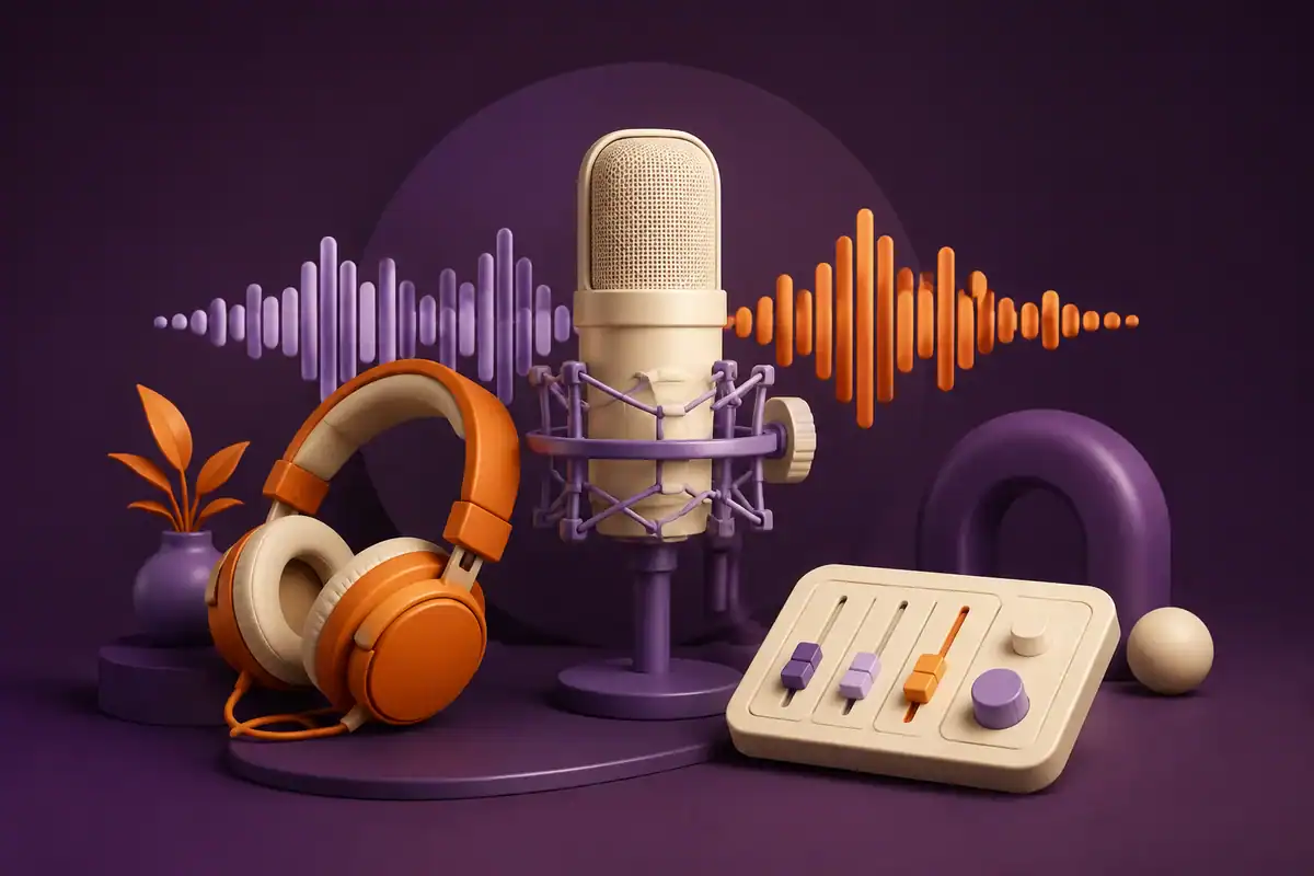 Audio Podcast illustration in orange, ivory and purple
