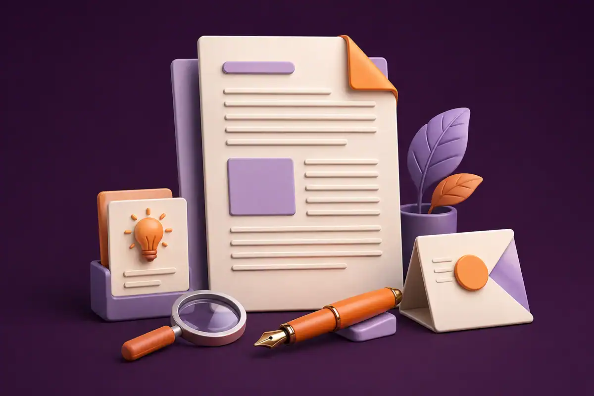 Content Writing illustration in orange, ivory and purple