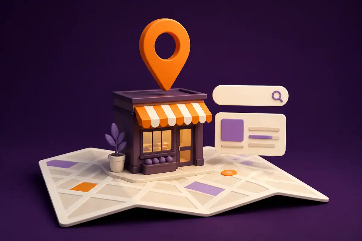 Local Search illustration in orange, ivory and purple