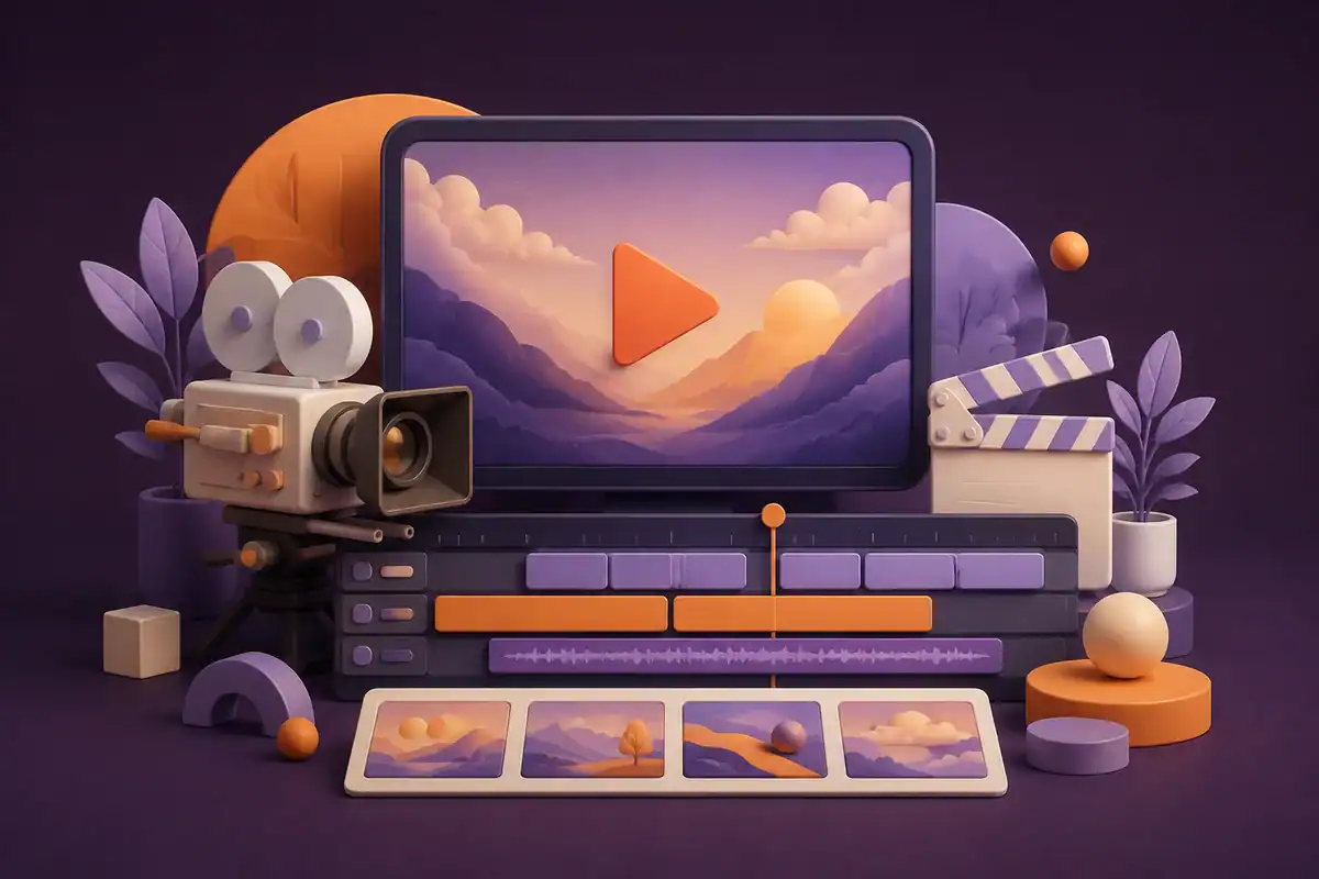 Video Creation illustration in orange, ivory and purple