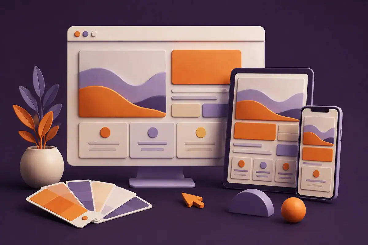 Web Design for Local Businesses illustration in orange, ivory and purple
