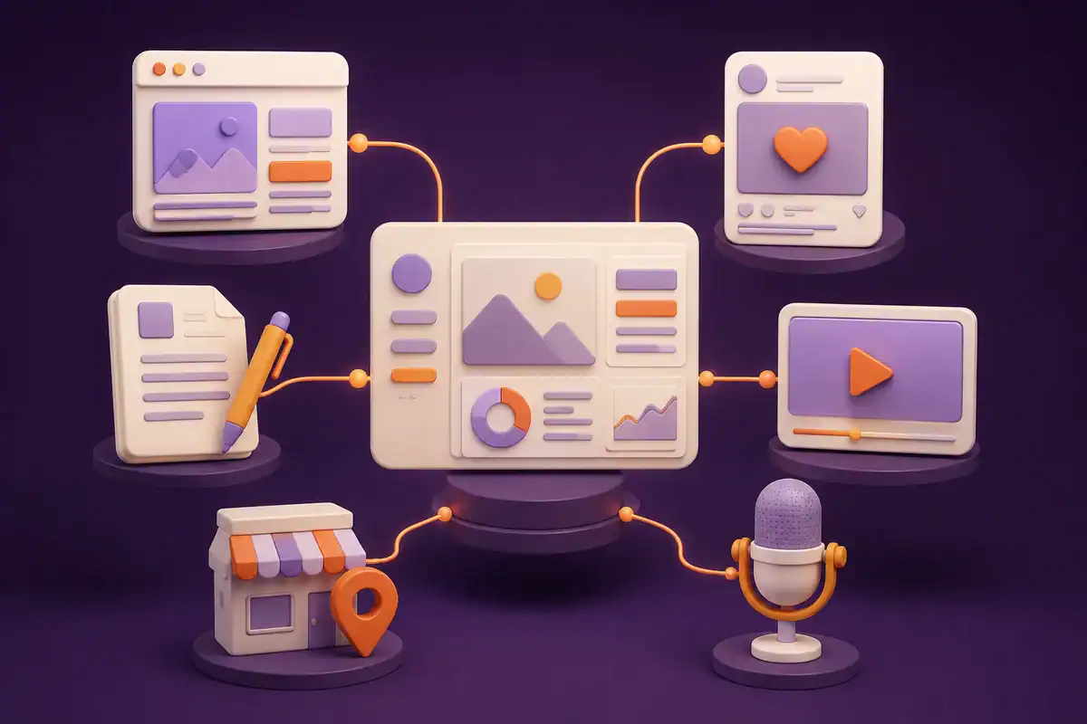 Six connected digital marketing services around a central agency workspace